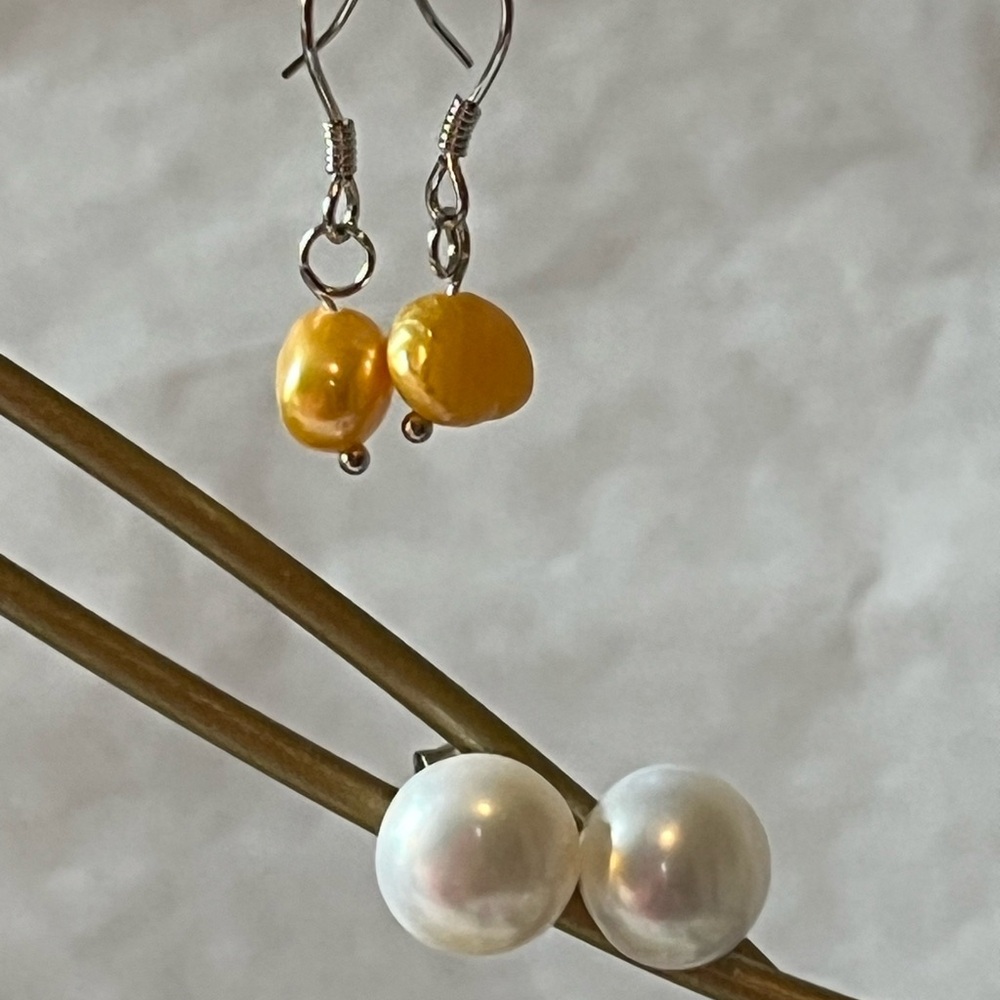 Elegant Pearl Earrings -2 Pairs (Yellow and White )